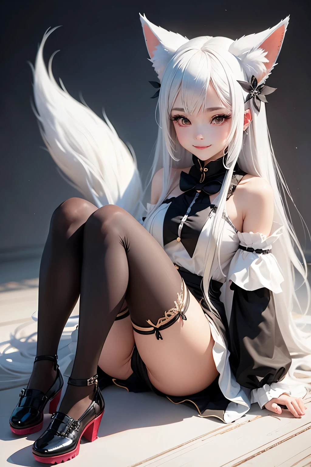 A girl with impressive white hair、Fox ears and tail、Hair Ornament、Black pantyhose、No sleeve、smile、cute shoes with accessories