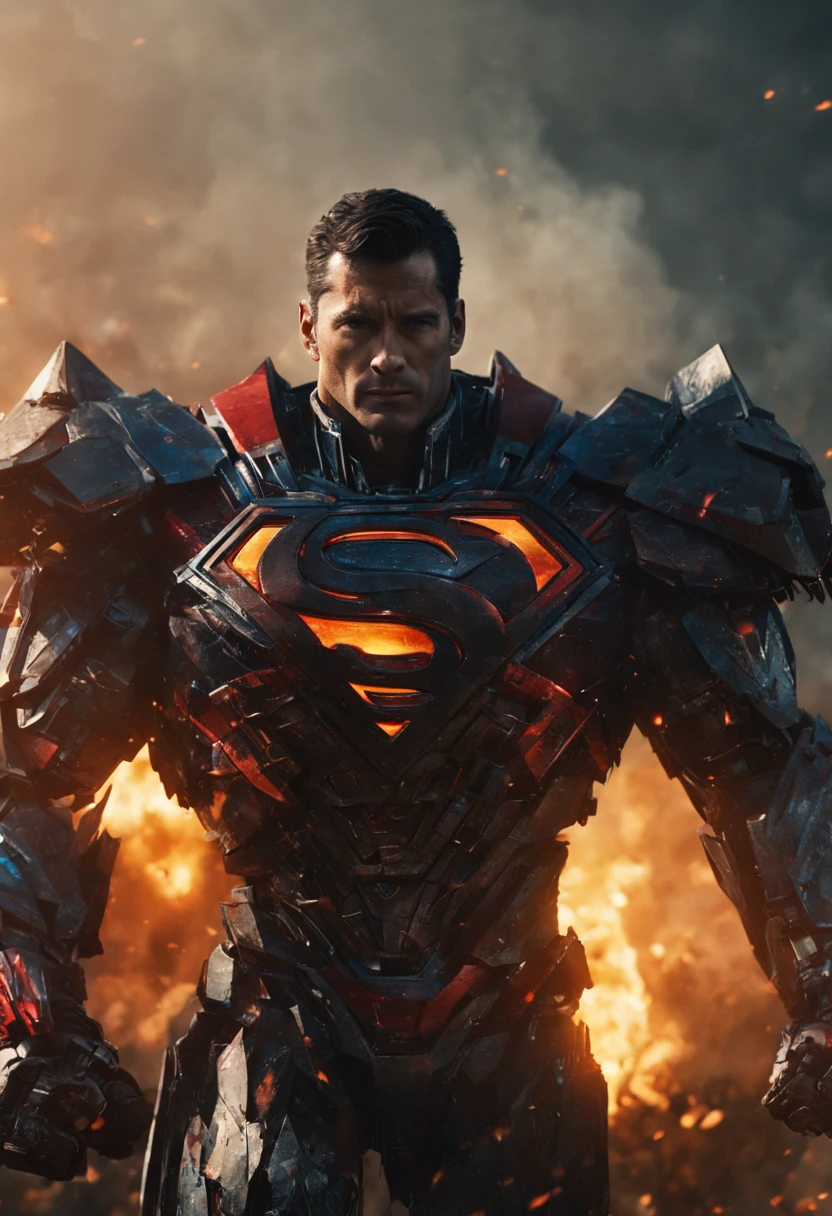 a close up of a superman standing in front of a fire, transformers cinematic universe, wojtek fus, hq 4k wallpaper, transformers : the last knight, in the movie transformers, thertrevkaiser, dwayne johnson as superman, artstation masterpiece, super robot, goku fused with optimus prime, japanese dc live-action movie, hd wallpaper, inspired by Zack Snyder