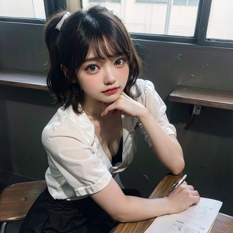 Downblouse, 15 years old school girl , munechira,(((small breasts))), looking away, leaning forward,bending over , from side above , close up, necklace ,in classroom,short sleeved school white blouse shirt, within decolated detailed pink bra , short hair,sitting on chair and writing in notepad,,8K, Best Quality, Masterpiece, Ultra High Resolution, (Realism: 1.4), Original Photo, (True Skin Texture: 1.3