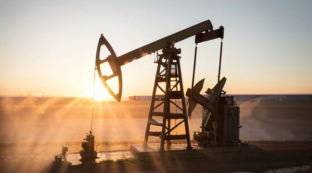 arafed oil pump in the middle of a field with a sunset in the background, oil rig, oilfield scene, oil dereks on horizon, crude, dripping oil, oil like flowing, oily substances, reflection on the oil, made of oil and water, beautiful image, photo shot, stunning image, high quality product image”, background