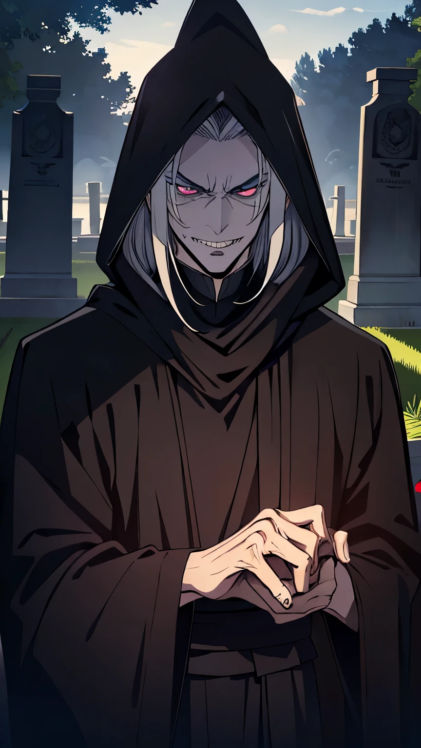 The most handsome villain man, insidious sorcerer necromancer, wicked, domineering, laughs maliciously, Crazy eyes, dressed in a black robe with silver trim, Charms, ultra-detailed, there is a cemetery around, masterpiece