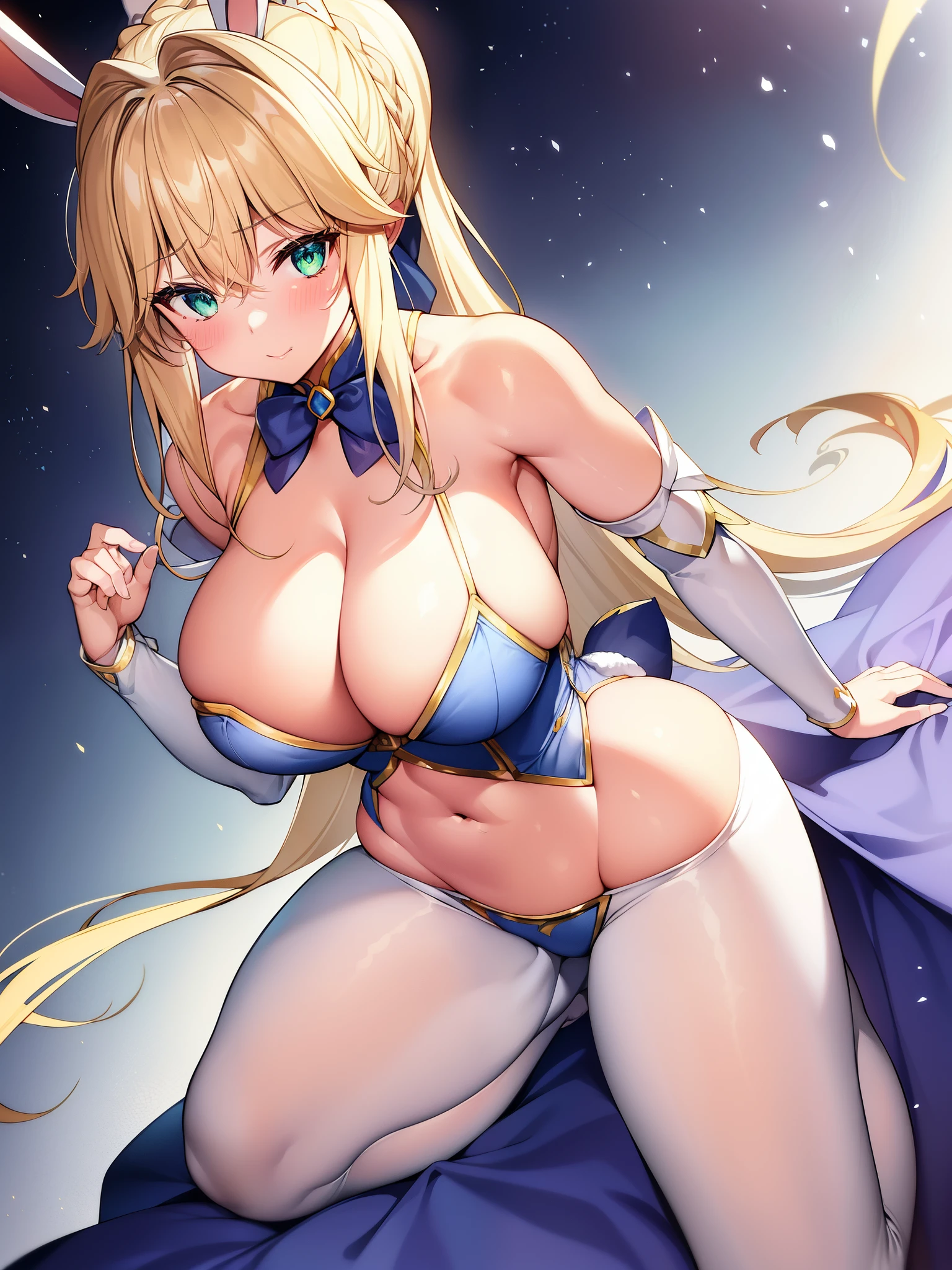 Rabbit Arturia&#39;s hairstyle、costume rabbit artoria、1 girl、Pectoral muscle、solo、blonde hair、green eyes、フランスのBraid、long hair、big cleavage、ponytail、side lock、bangs、belly button、look up at viewer、bare shoulders、Braid、hair between eyes、bunny pose、tiara、Ahegao、Blush huge saggy breasts:1.8、huge bbw sexy:1.9、Huge Sexy、Sexy Beautiful Legs:2.0、Prohibited to wear、not wearing anything、white sheer tights、Leg hug、Hugging legs、Leg hug、スクワットとLeg hug、SEX pose、Lie、Hugging legsLie、you look so sexy