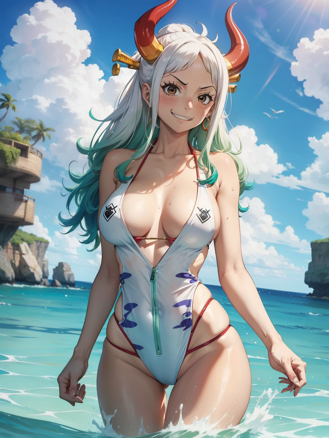 Micro bikini，One woman，one piece,Yamato，Yamato，swimsuit，white hair, green hair, red horns, big breasts, (very blushing), smile