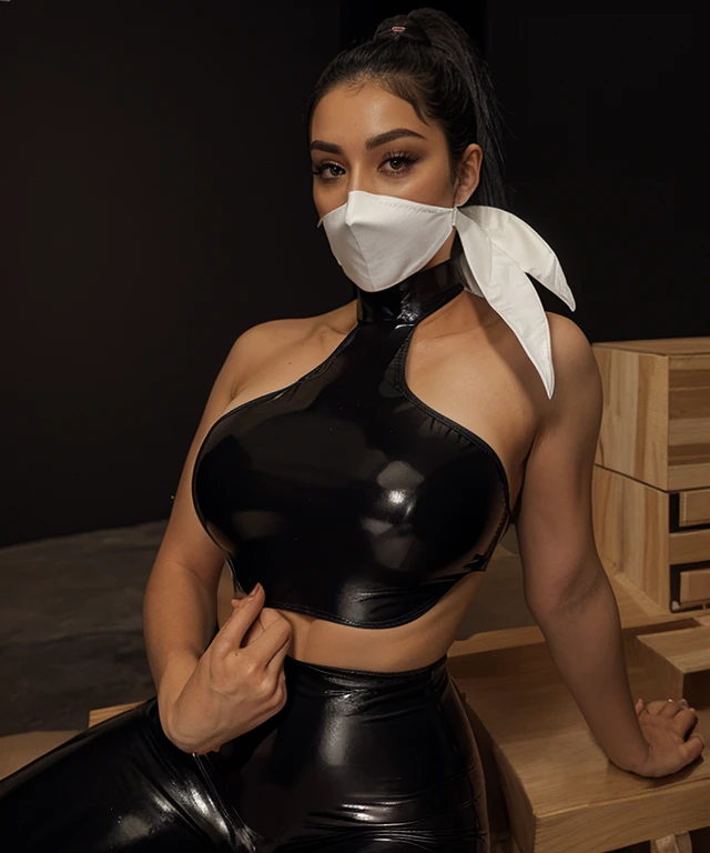 there is a woman in a black látex outfit posing for a picture, cuero top, cuero, látex, black cuero bra, cuero bunny costume bodysuit, cueroy, cuero body suit, wearing black látex outfit, cuello grueso, traje revelador, wearing cuero swim suite, grueso, separar, látex outfits, Busto, Collar grueso, traje ajustado,wearing a wide cloth gag over mouth and nose