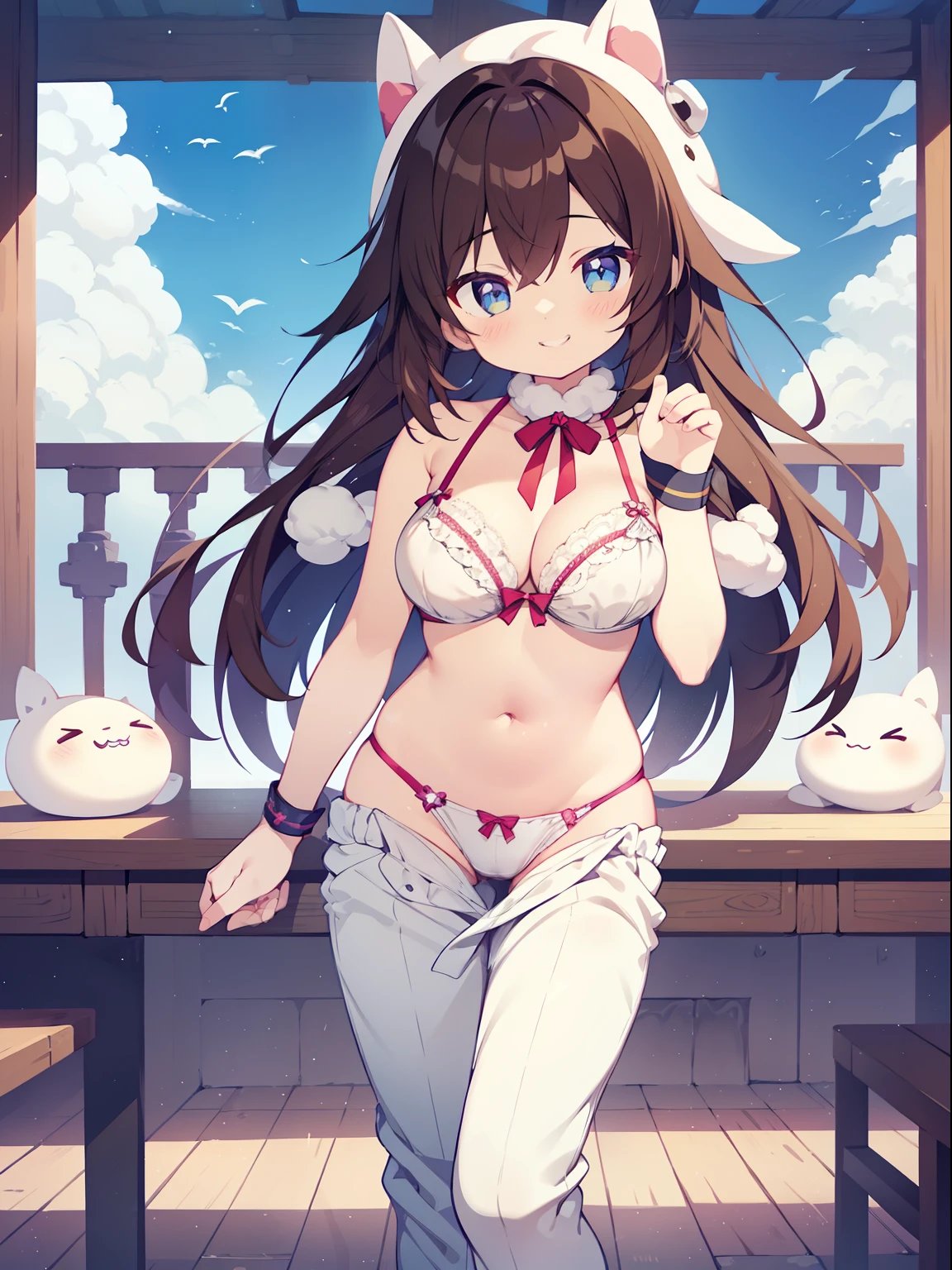 (one girl:1.2), (alone:1.2),( girl)、young girl、big breasts、 table top, nffsw、shader、highly detailed eyes、brown hair、long hair、silky hair、ultra-intricate pupil in eyes、highest quality、bright colors、Bust 100、Standing picture of the game、Pose that emphasizes the chest、cloud-like bra、cloud-like wristband、cloud-like socks、cloud-like pants、A fluffy costume that looks like a marshmallow、panty shot、thin legs、barefoot、Chin Elkai、bare hands、stinky eyes、grinning expression、evil smile、open your mouth、Eyes half closed、Showing the soles of the feet
