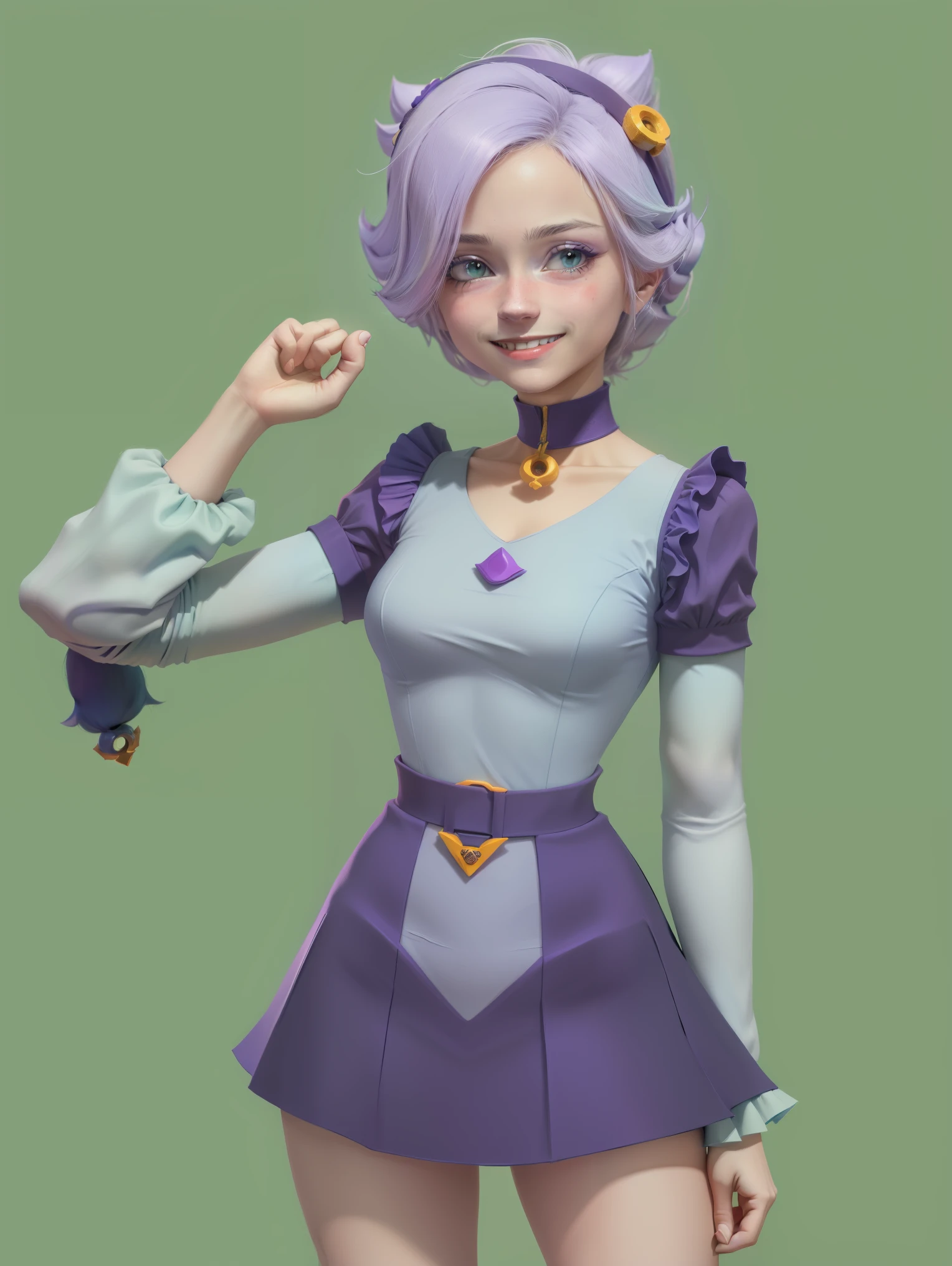 (obra-prima), (melhor qualidade), (ultra-detalhado), (corpo inteiro: 1.2), mulher, adolescente, universo de fantasia, vestido leve e detalhado, sorriso claro, corpo inteiro, :3, roupas, princesa, cabelo tons verde, lilac and blue, fundo tom pastel e simples.