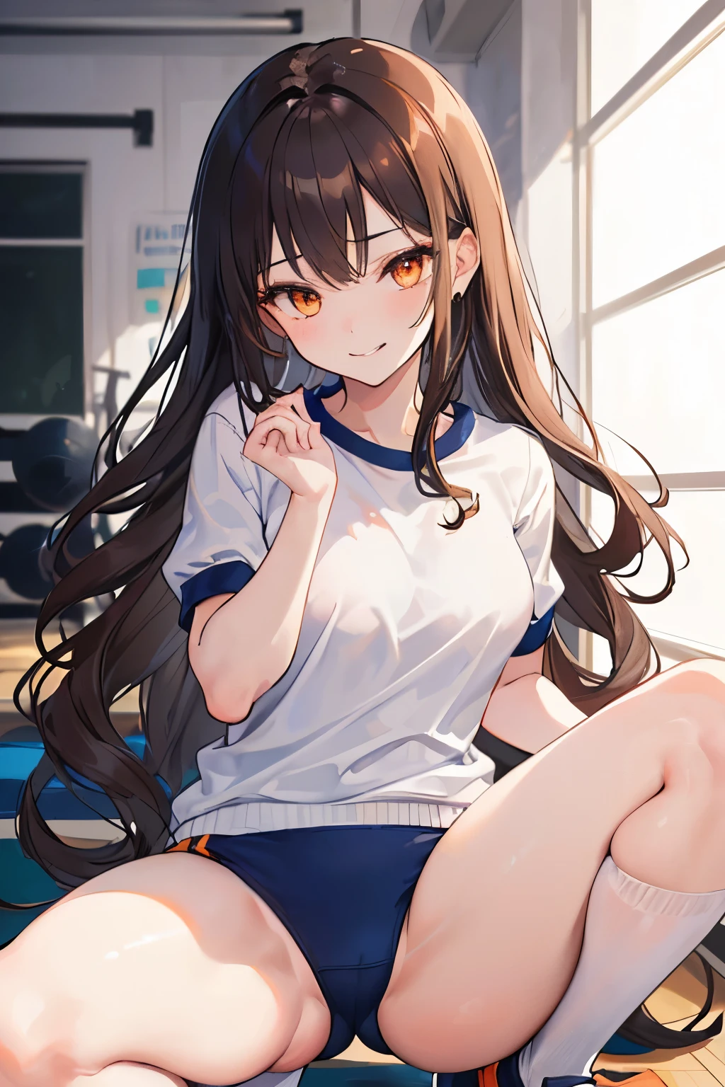 (((1girl))), ((best quality)), ((masterpiece)), ((ultra-detailed)), (illustration), (detailed light), (an extremely delicate and beautiful), (beautiful detailed eyes), (sunlight), ((extremely light)),
((((white and deep navy gym uniform)))),
school girl,
wavy long, (((dark brown hair))), (((long hair))),
(((deep orange eyes))),
((whole body)), ,
diamond, beautiful, ((extra elegant)), (((condescending expression))), (sexually mischievous smile), (((extra adorable))), (((extra slender shape))),
squatting in the school gym,
(((extraordinarily thin thighs)))
