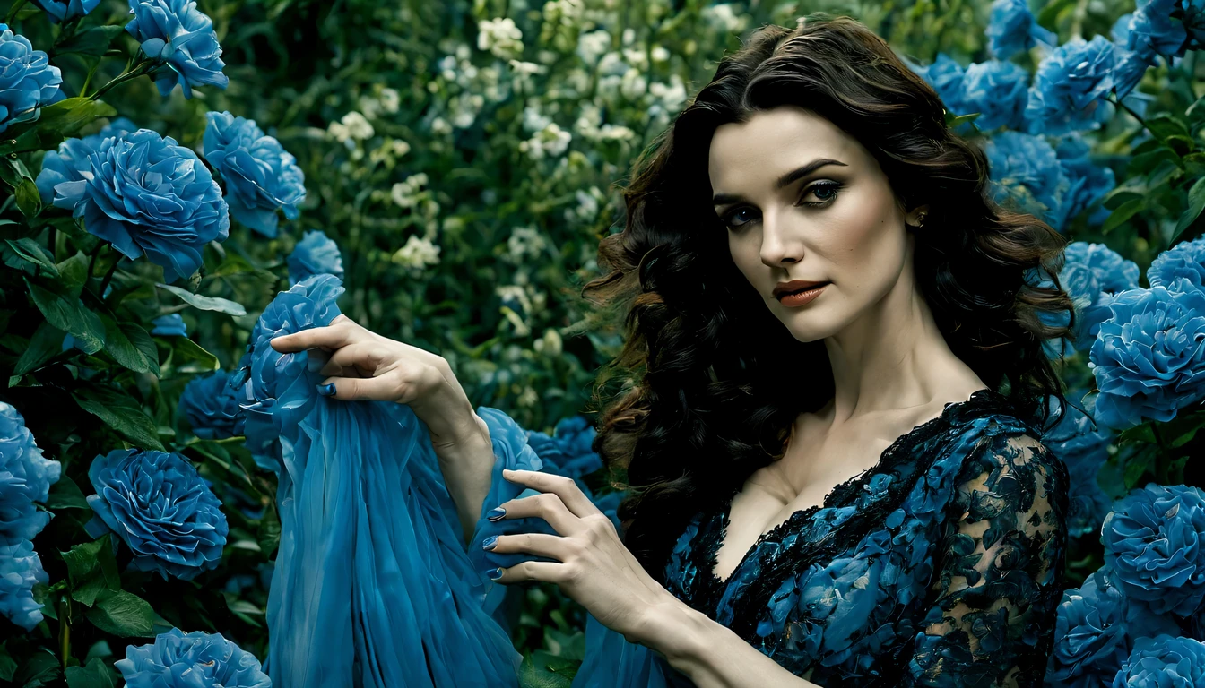 Em um jardim perfumado, The blind woman (Rachel Weisz), (22 anos), com um vestido longo Azul claro com detalhes em preto, is standing with her arms outstretched, gently touching the petals of the flowers he finds, conectando-se com a natureza e as doces flores azuis.