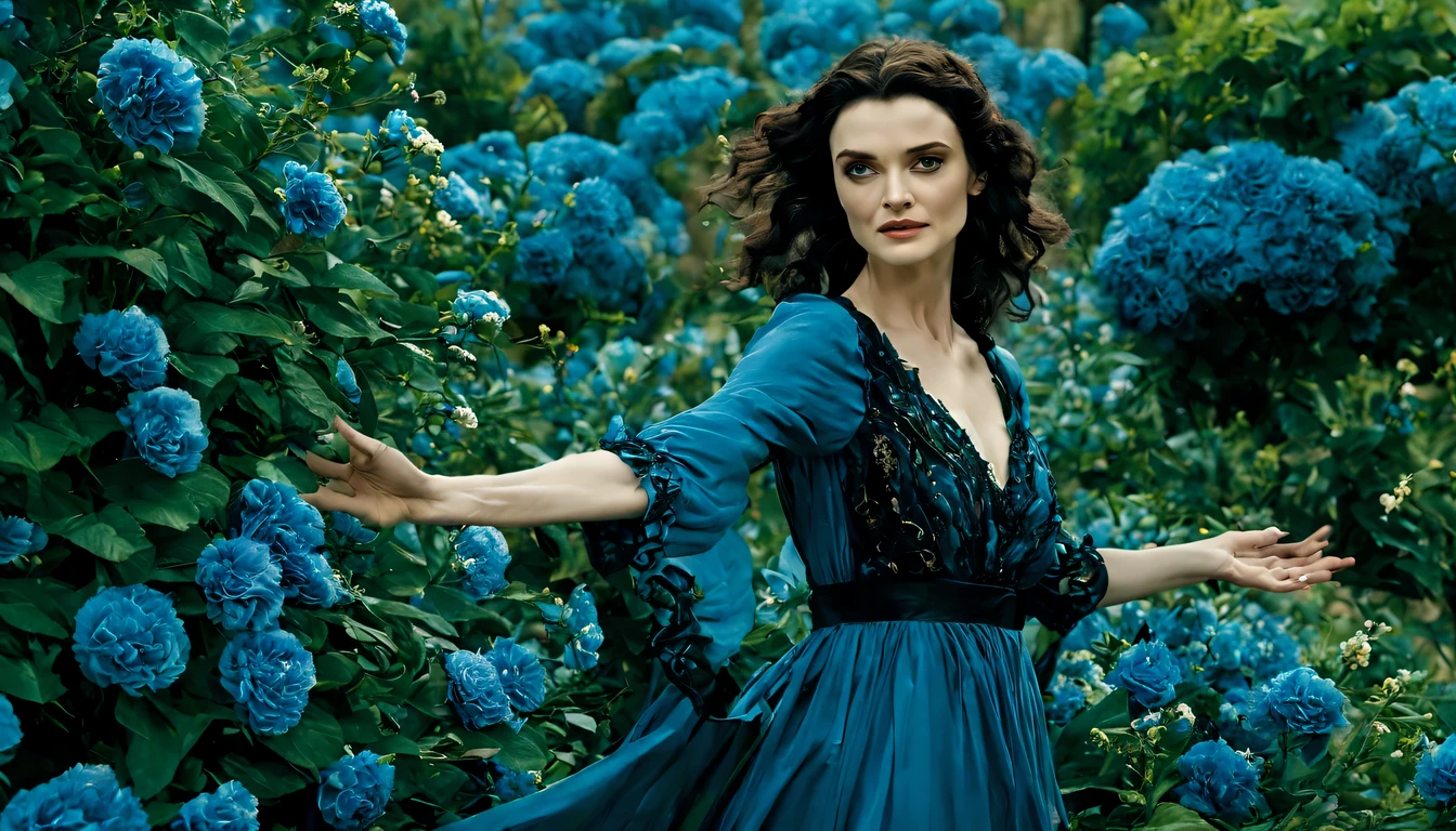 Em um jardim perfumado, The blind woman (Rachel Weisz), (22 anos), com um vestido longo Azul claro com detalhes em preto, is standing with her arms outstretched, gently touching the petals of the flowers he finds, conectando-se com a natureza e as doces flores azuis.