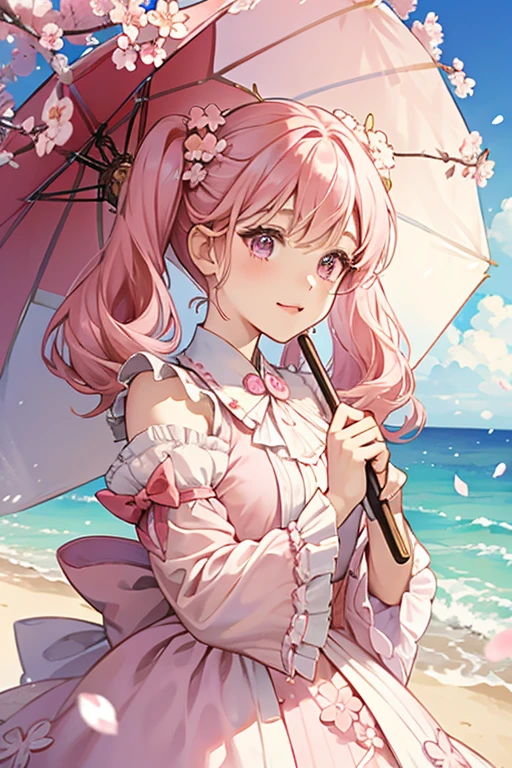 Cherry Blossom Cookie has long pink hair with two mini pigtails sticking out at the top that resemble cherry blossom petals. She wears a long sleeved white blouse with puffy shoulders and a bell-shaped, two layered skirt with the first layer being pink and the second being white.
She also carries a graham cracker-like case and a pink and white parasol with a cherry blossom flower on the top. Cherry Blossom Cookie uses this parasol to fly with when using her Skill. GLITTER