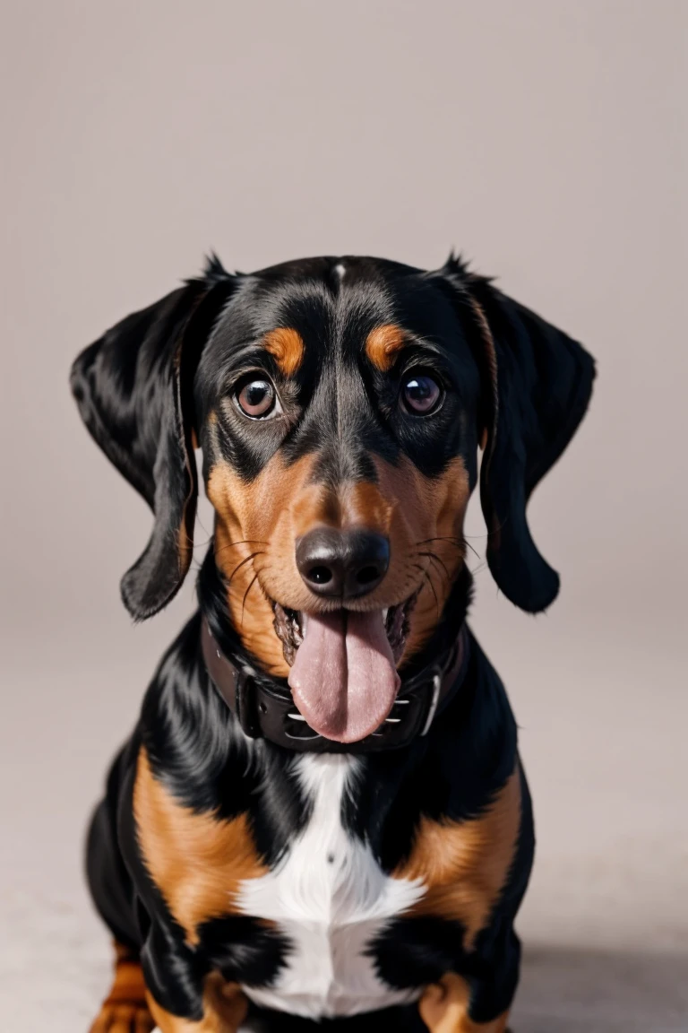 Harlequin-colored Dachshund dog with open mouth, tongue out