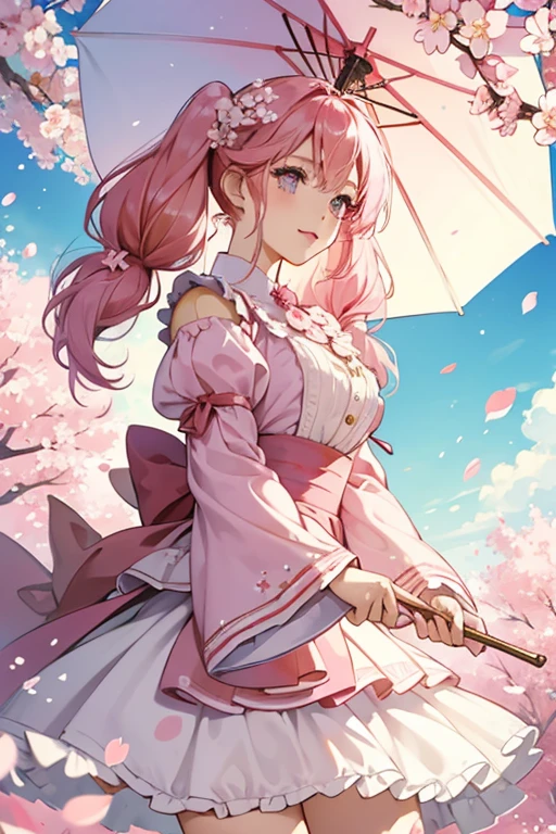 Cherry Blossom Cookie has long pink hair with two mini pigtails sticking out at the top that resemble cherry blossom petals. She wears a long sleeved white blouse with puffy shoulders and a bell-shaped, two layered skirt with the first layer being pink and the second being white.
She also carries a graham cracker-like case and a pink and white parasol with a cherry blossom flower on the top. Cherry Blossom Cookie uses this parasol to fly with when using her Skill. GLITTER, JELLY