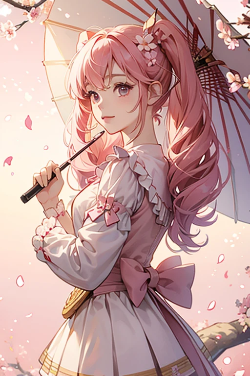 Cherry Blossom Cookie has long pink hair with two mini pigtails sticking out at the top that resemble cherry blossom petals. She wears a long sleeved white blouse with puffy shoulders and a bell-shaped, two layered skirt with the first layer being pink and the second being white.
She also carries a graham cracker-like case and a pink and white parasol with a cherry blossom flower on the top. Cherry Blossom Cookie uses this parasol to fly with when using her Skill. GLITTER, JELLY