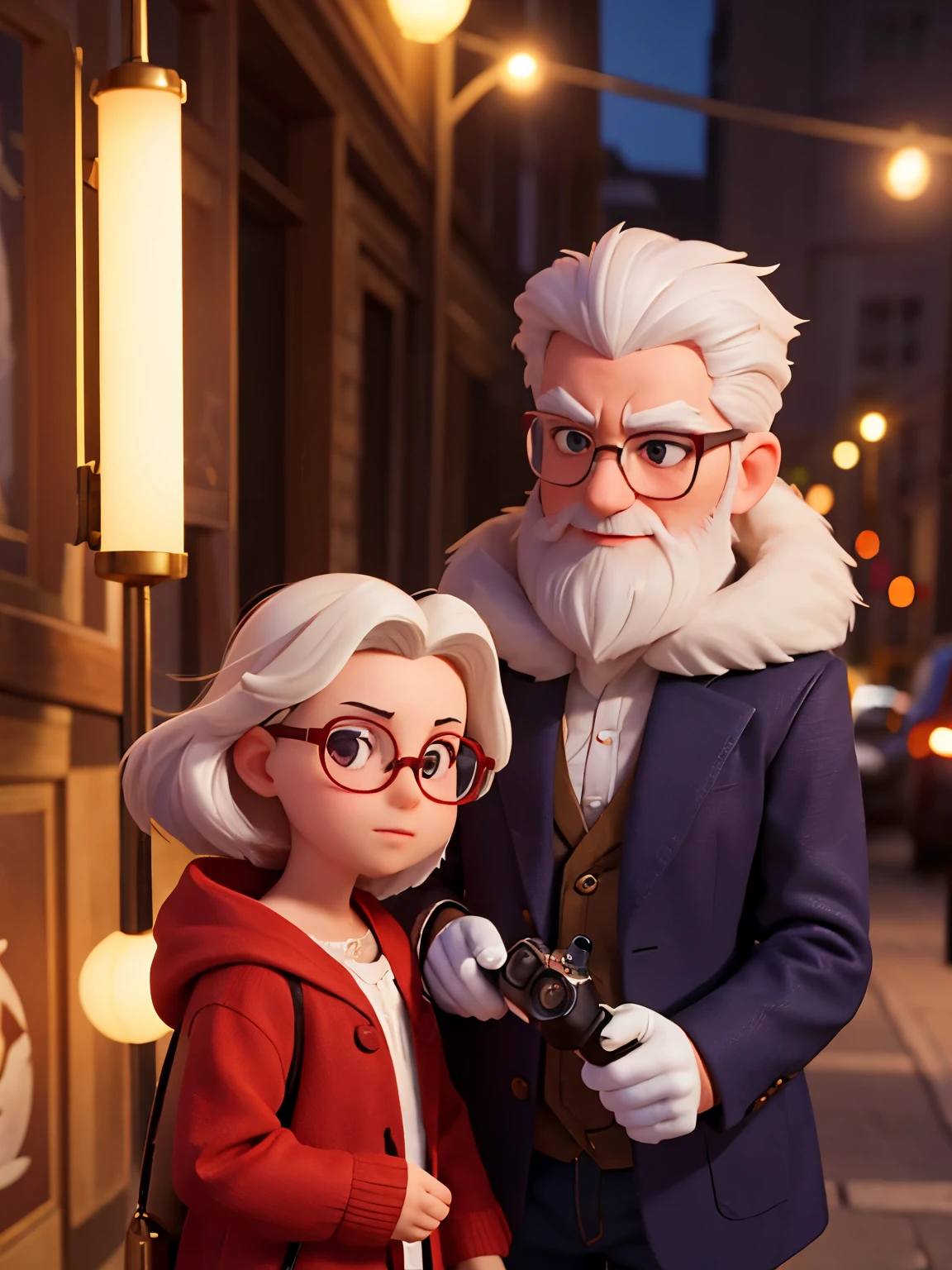 A man with white hair and glasses photographing a beautiful brunette , illuminated by the light of a lamp, tendo como pano de fundo uma avenida