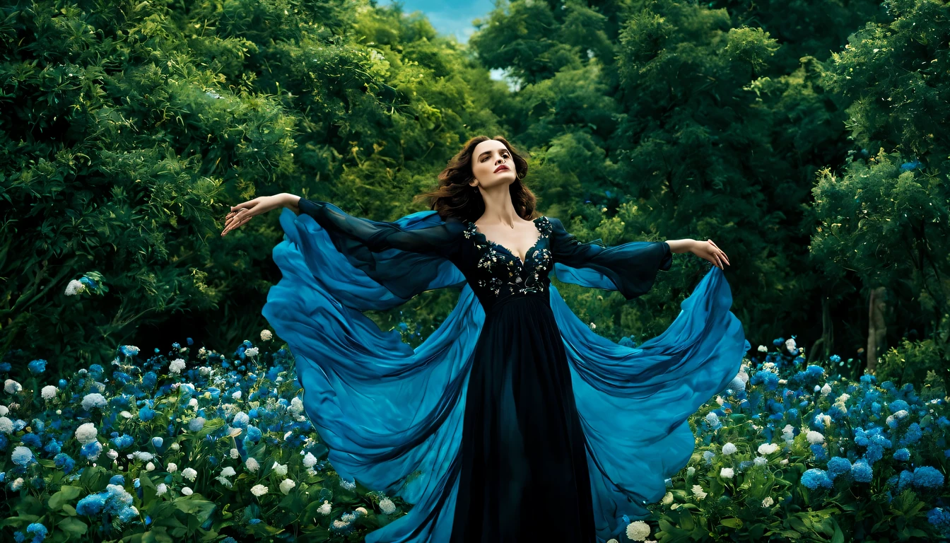 Em um jardim perfumado, The blind woman (Rachel Weisz), (22 anos), com um vestido longo Azul claro com detalhes em preto, is standing with her arms outstretched, gently touching the petals of the flowers he finds, conectando-se com a natureza e as doces flores azuis.