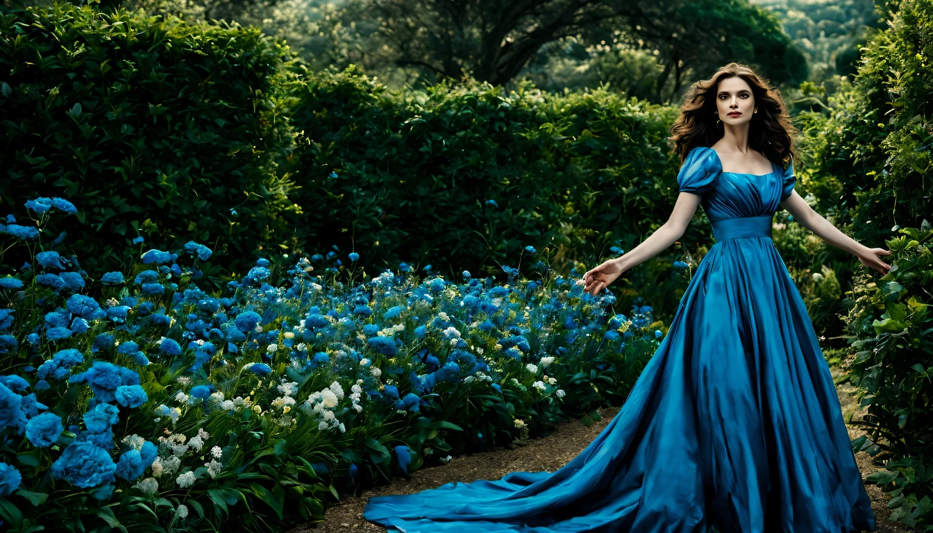 Em um jardim perfumado, The blind woman (Rachel Weisz), (22 anos), com um vestido longo Azul claro com detalhes em preto, is standing with her arms outstretched, gently touching the petals of the flowers he finds, conectando-se com a natureza e as doces flores azuis.