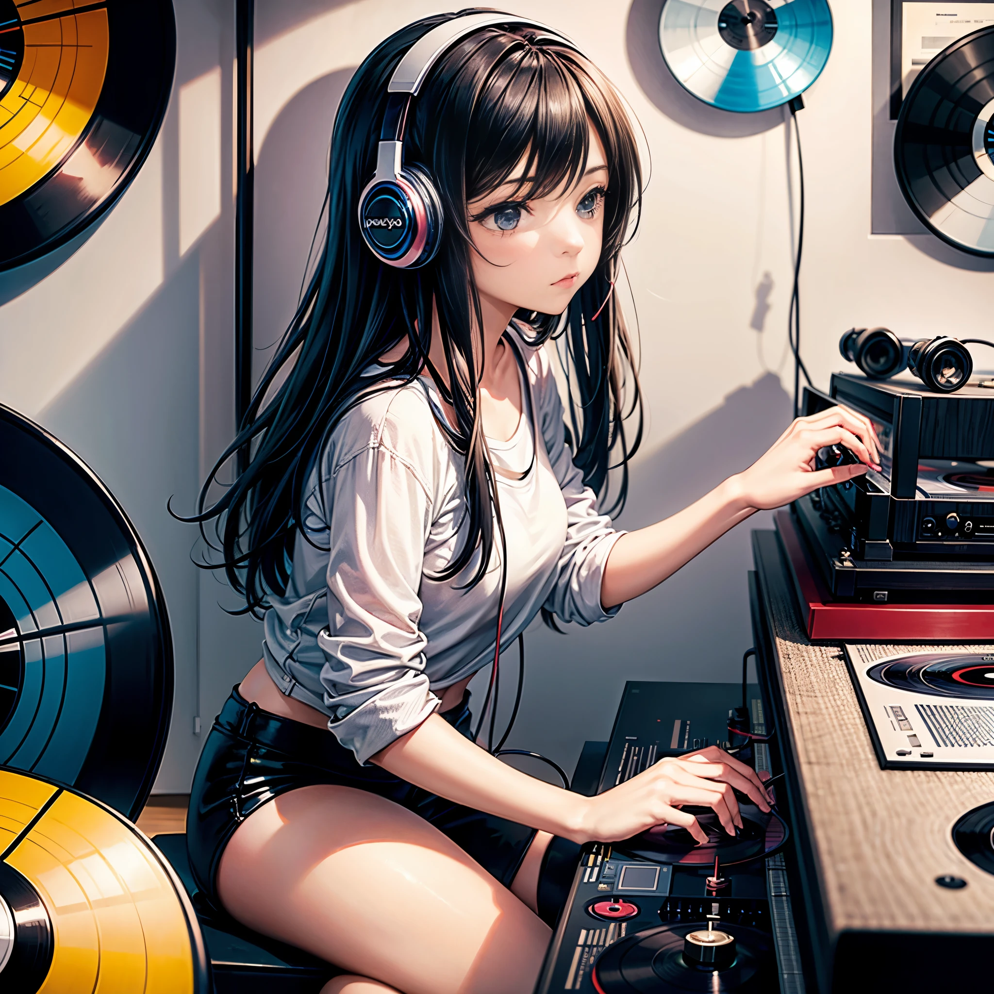 girl listening to music with high-end headphones next to a professional record player in an abstract art room, paredes coloridas, muy bien decorada un poco minimalista