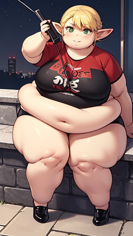 ((Masterpiece)), 1 solo girl, fat erufuda, short hair, pointy ears, obese elf, blonde hair, (green eyes:1.5), braid, ((Perfect body)), smile, panties and bra white, hot, thick thighs, very cute, night, 4K