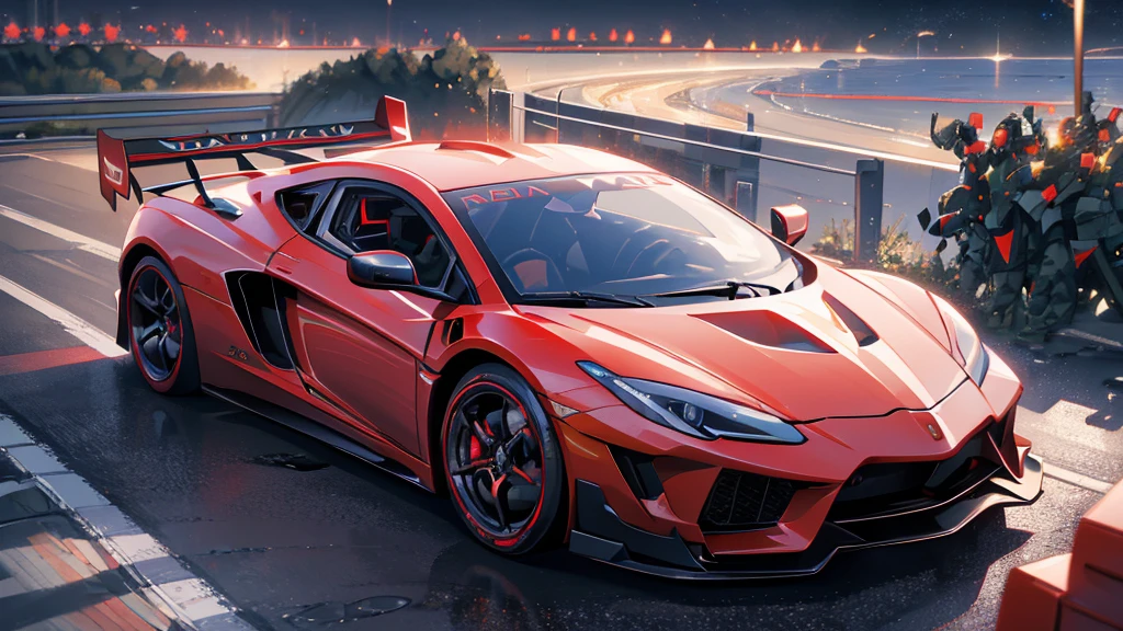 (red supercar, car racing), (starry sky), (8k, extremaly detailed, lighting like a movie, lense flares)
