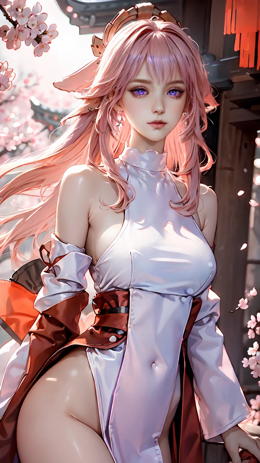 Masterpiece, Excellent, 1girl, solo, complex details, color difference), realism, ((medium breath)), off-the-shoulders, big breasts, sexy, Yae Miko, long pink hair, red headdress, red highlight, hair above one eye, purple eyes, earrings, sharp eyes, perfectly symmetrical figure, choker, neon shirt, open jacket, turtleneck sweater, against the wall, brick wall, graffiti, dim lighting, alley, looking at the audience, ((mean, seductive, charming)), ((cherry blossom background))),((Japanese temple background)))), (((luminous background))), (dynamic pose), tulle, bare shoulders, blooming flower fields, radiant skin, faint smile, sexy, bust, no breast cover, naked, cocked ass, tummy look, ((nsfw))