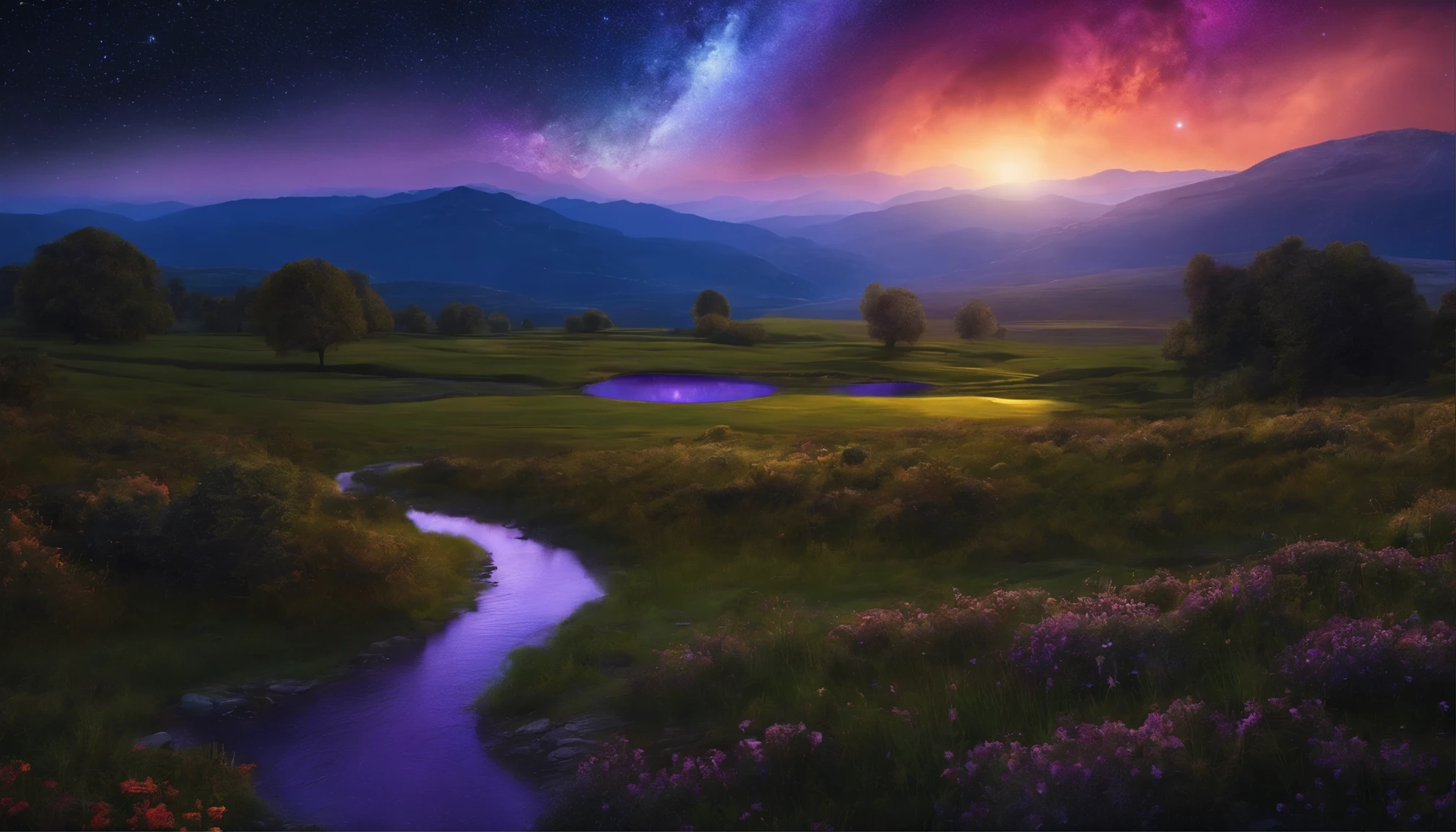 starry night blue sky, Giant purple planet approaches the atmosphere, bright meteorite shower, very sharp, i am hd, Valley and lake in the distance, Oil painting style