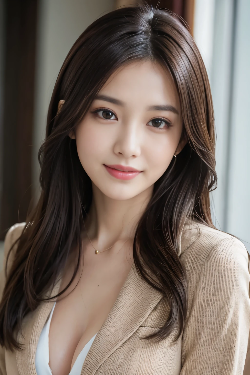 table top、highest quality、genuine、Super detailed、finely、High resolution、8k wallpaper、one beautiful woman、、、light brown disheveled hair、wearing a business suit、sharp focus、perfect dynamic composition、beautiful and fine eyes、thin hair、詳細なgenuineな肌の質感、smile、close-up portrait、model body shape