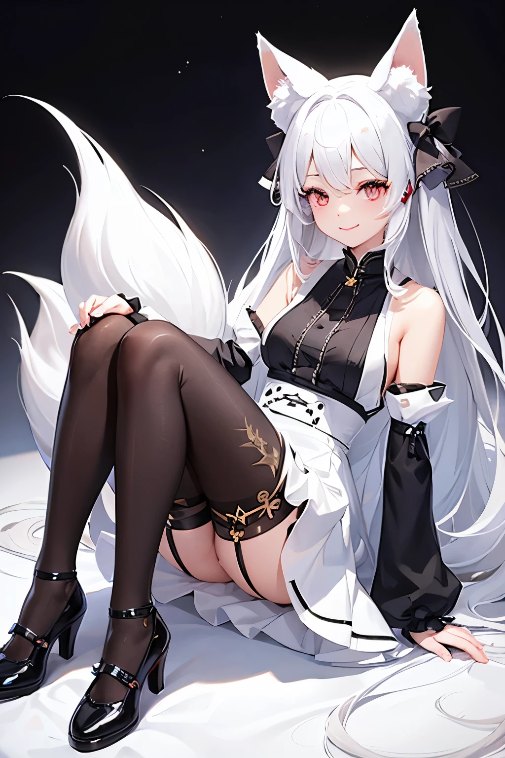 A girl with impressive white hair、Fox ears and tail、Hair Ornament、Black pantyhose、No sleeve、smile、cute shoes with accessories