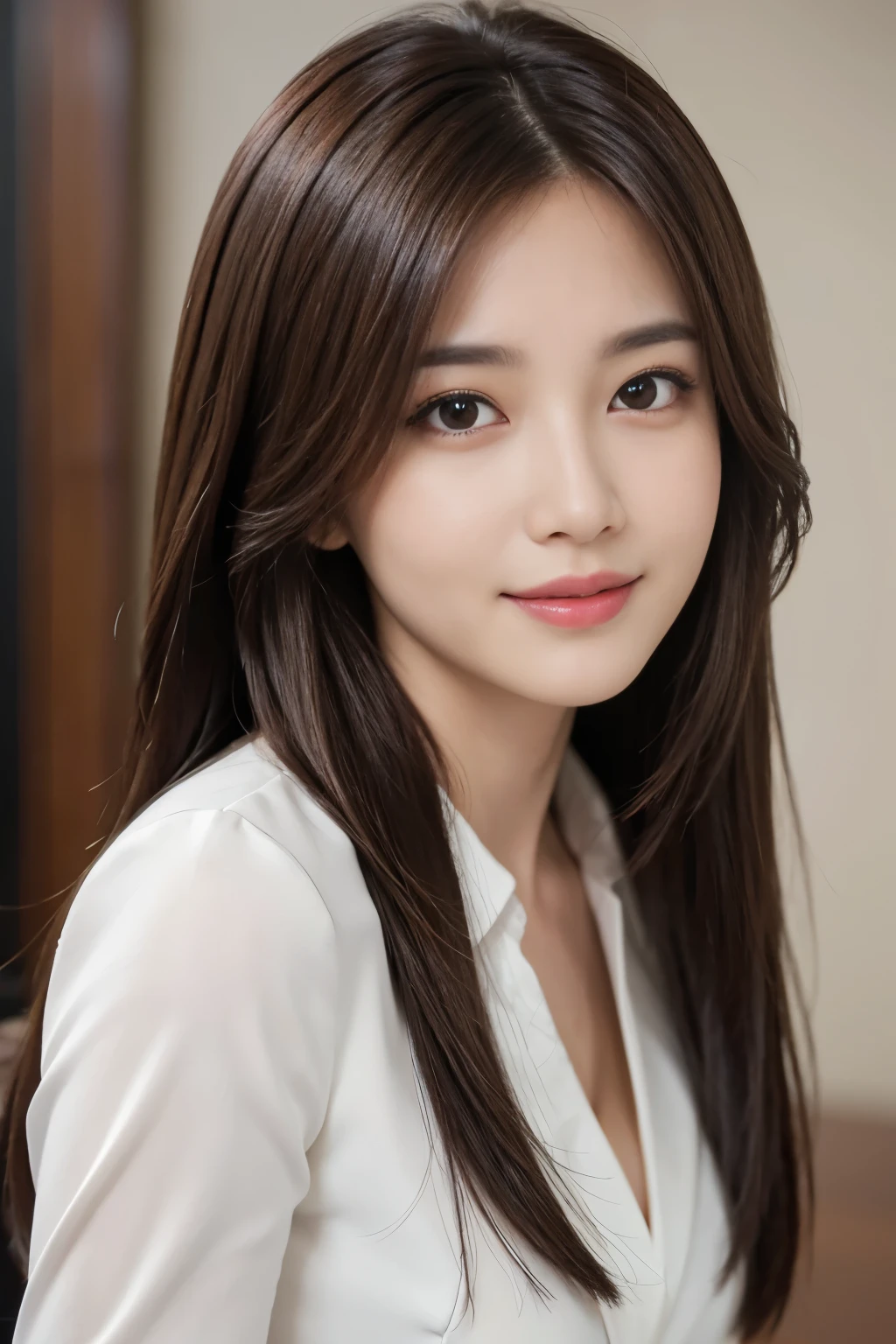 table top、highest quality、real、Super detailed、finely、High resolution、8k wallpaper、one beautiful woman、、、light brown disheveled hair、wearing a business suit、sharp focus、perfect dynamic composition、beautiful detailed eyes、thin hair、詳細なrealな肌の質感、smile、close up portrait、model body shape