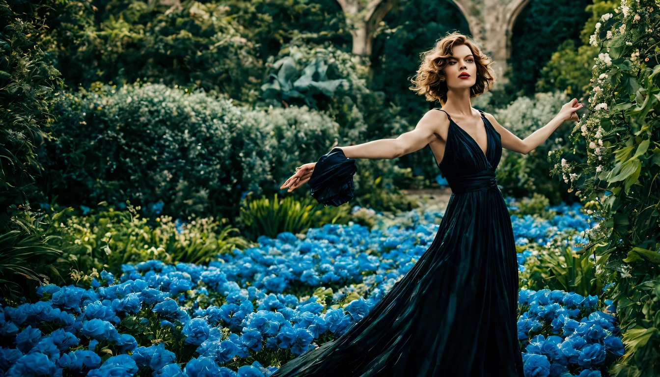 Em um jardim perfumado, The blind woman (milha Jovovich), (22 anos), com um vestido longo Azul claro com detalhes em preto, is standing with her arms outstretched, gently touching the petals of the flowers he finds, conectando-se com a natureza e as doces flores azuis.