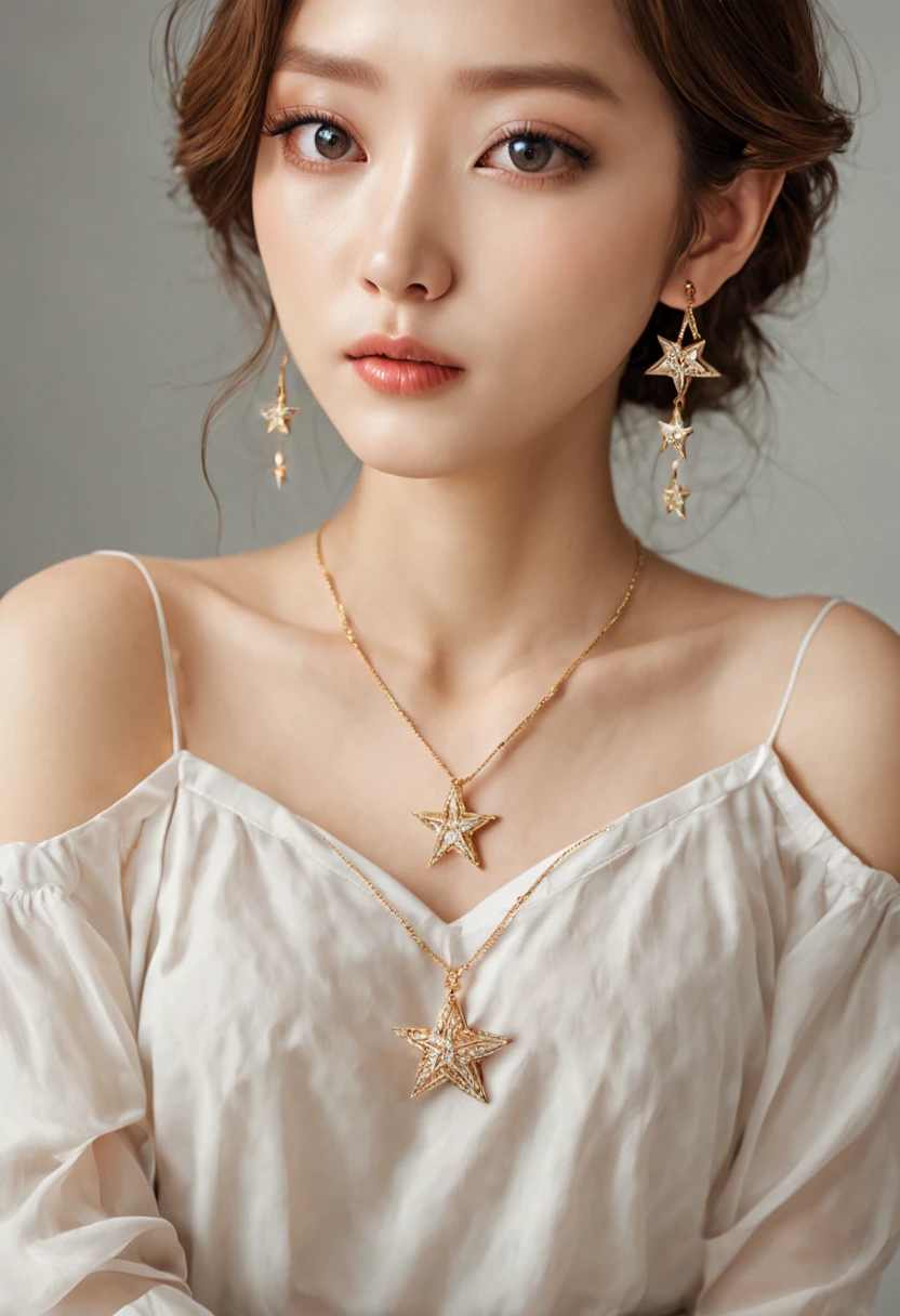 a woman with a wearing very delicate necklace with star and Moon Pendant from Swarovski around her neck, adorable Korean face, beautiful aesthetic face, with cute eyes, popular South Korean makeup, CG unity (extreme) detail 8K wallpaper, masterpiece, best quality:1.2), high detail, best image quality, surreal, double, soft makeup, close to the viewer, side-by-side camera angle.