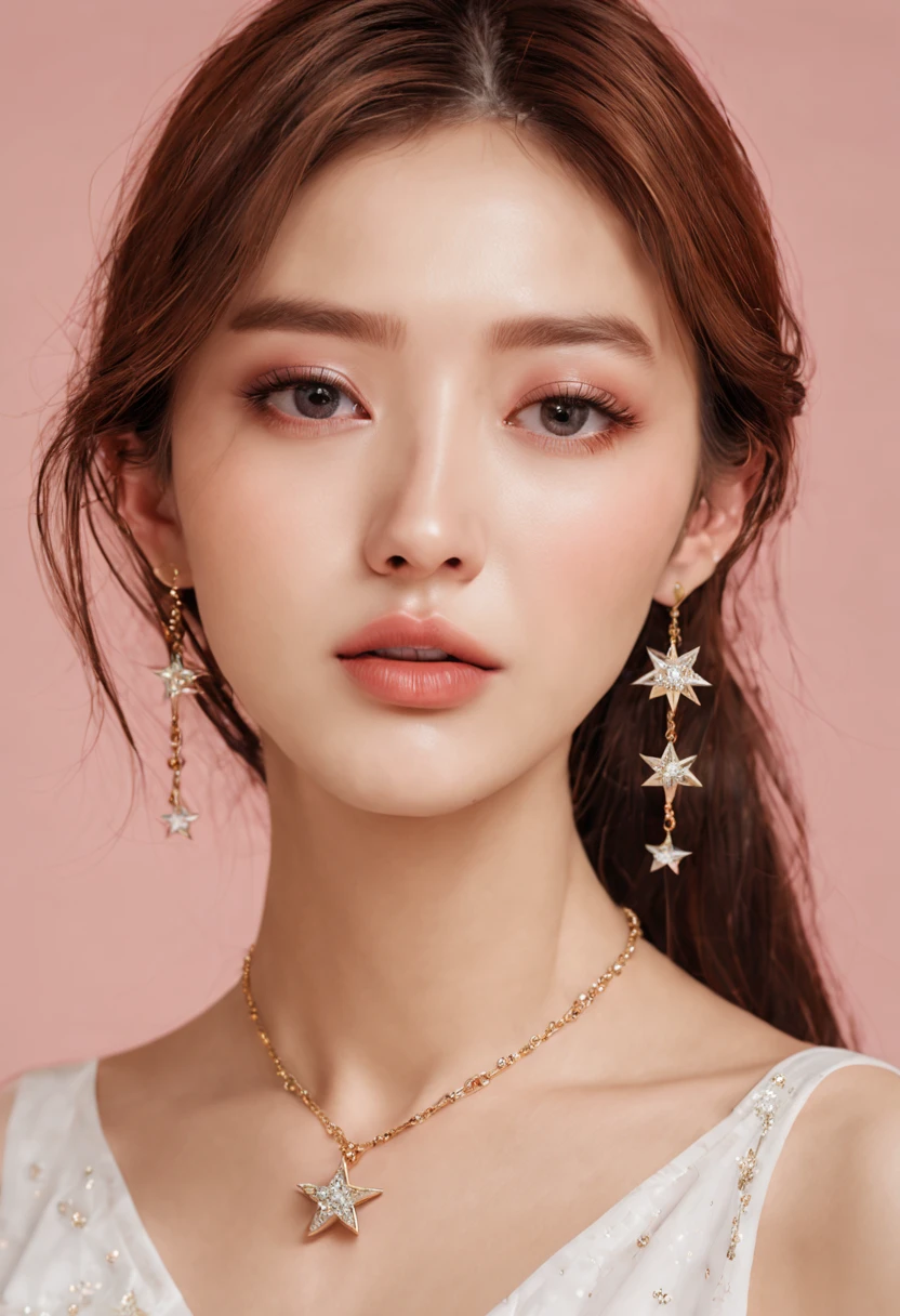 a woman with a wearing very delicate necklace with star and Moon Pendant from Swarovski around her neck, adorable Korean face, beautiful aesthetic face, with cute eyes, popular South Korean makeup, CG unity (extreme) detail 8K wallpaper, masterpiece, best quality:1.2), high detail, best image quality, surreal, double, soft makeup, close to the viewer, side-by-side camera angle.