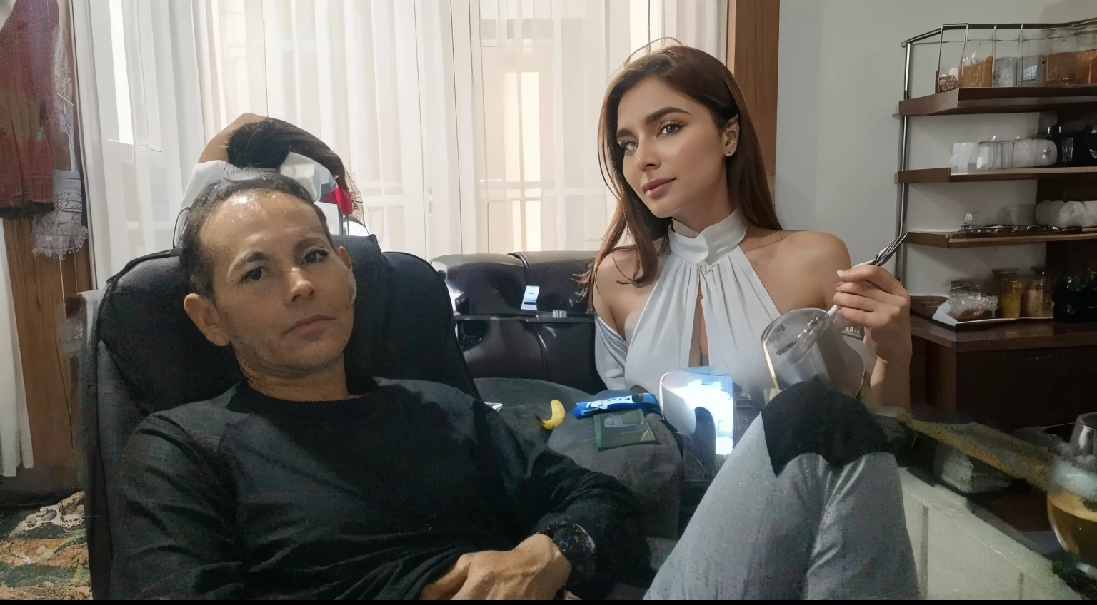 DUAS MULHRES DO LADO DA CADEIRA BEM ELEGANTES E BONITAS SEDUTORAS TOMANDO WISK E CERVEJA, IMAGEM ULTRA REALISTA 4K