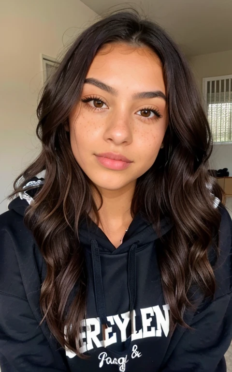 1 mexican girl, Long Wavy Hair, dark brown eyes, teen, hoodie, freckles
