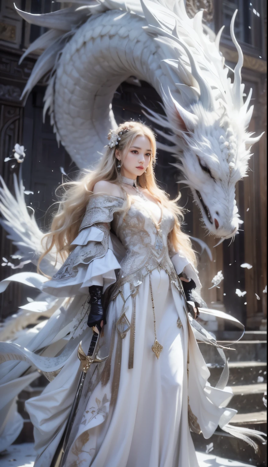 1girl, long_hair, portrait, upper body, china transparent silk dress, dress, hair ornament, necklace, jewelry, holding a sword,long hair,white dragon behind the woman,realistic, ultra detail
