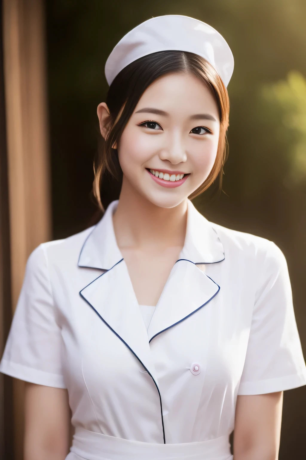 Miss Cabaret、white nurse uniform、1 person、high quality、surreal、healthy、smile、Perfect slender figure、beauty of japan、beautiful eyes、perfect face、beautiful skin、The background is pink