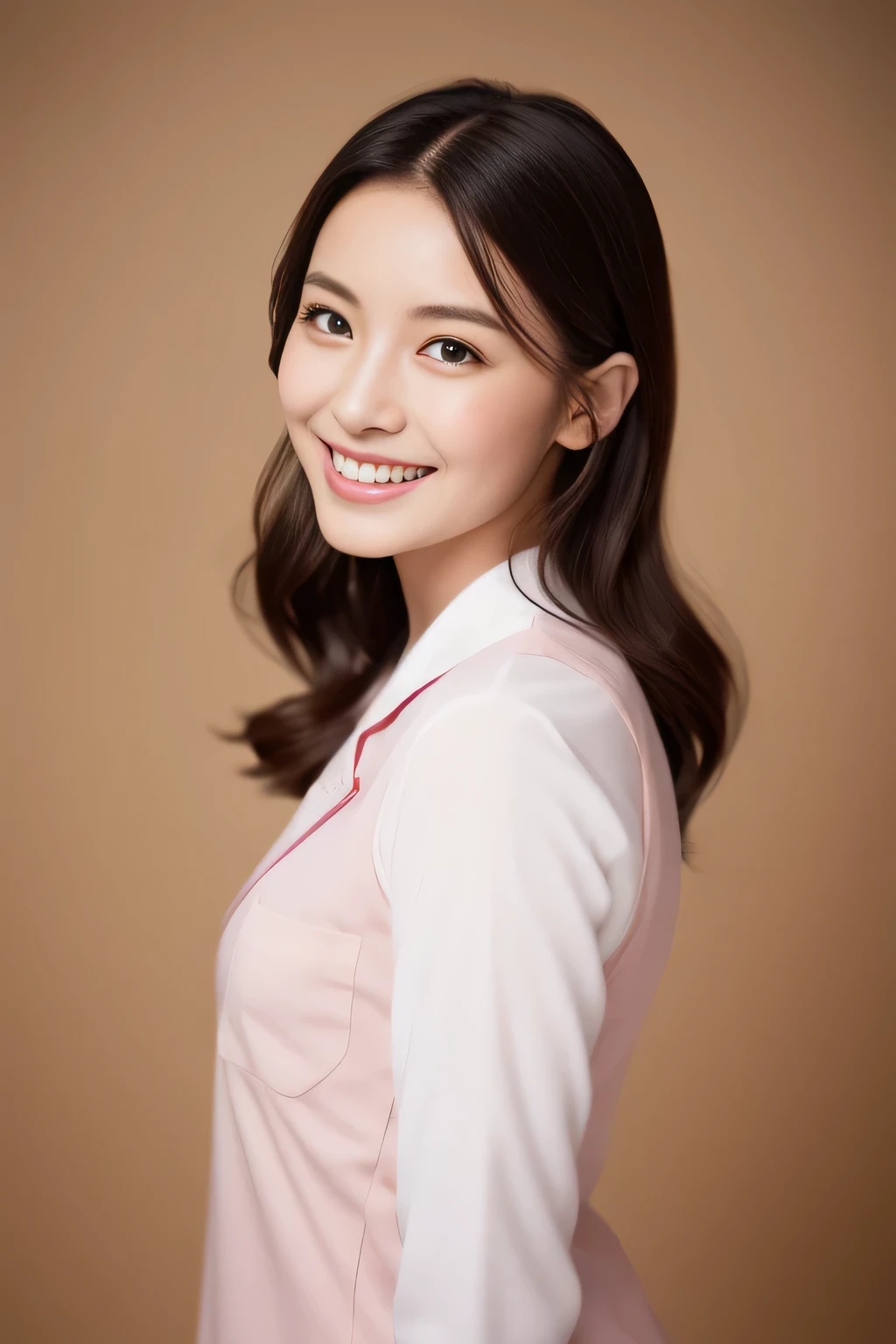 Miss Cabaret、white nurse uniform、1 person、high quality、surreal、healthy、smile、Perfect slender figure、beauty of japan、beautiful eyes、perfect face、beautiful skin、The background is pink