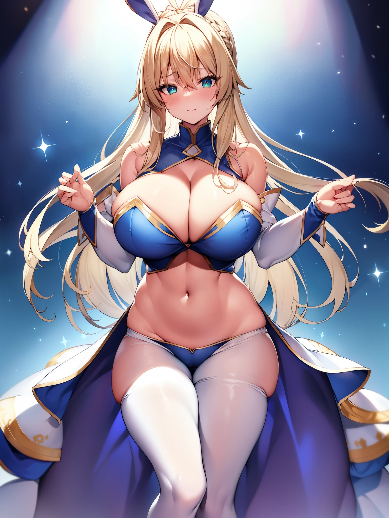 Rabbit Arturia&#39;s hairstyle、costume rabbit artoria、1 girl、Pectoral muscle、solo、blonde hair、green eyes、フランスのBraid、long hair、big cleavage、ponytail、side lock、bangs、belly button、look up at viewer、bare shoulders、Braid、hair between eyes、bunny pose、tiara、Ahegao、Blush huge saggy breasts:1.8、huge bbw sexy:1.9、Huge Sexy、Sexy Beautiful Legs:2.0、Prohibited to wear、not wearing anything、white sheer tights、Leg hug、Hugging legs、Leg hug、スクワットとLeg hug、SEX pose、Lie、Hugging legsLie、you look so sexy