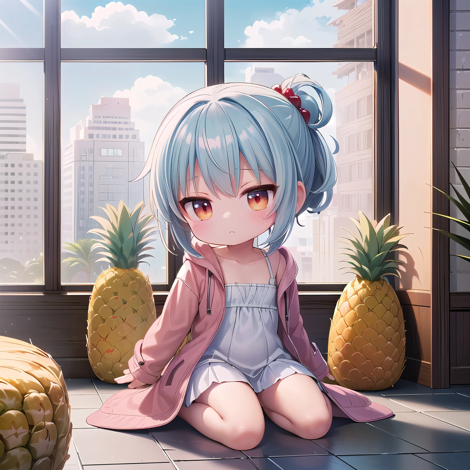 ((Chibi, miniature, REAL, pineapple, 3DCG, Nendoroid, 1 girl: 1.3)) ,(Masterpiece, almond-shaped eyes, glossy white-blue hair, short chignon hair, top quality, carefully drawn fingertips, beautiful anatomy : 1.4), (half body: 1.3), (Red cheeks, indifference, no expression, hair blowing in the wind: 1.2), (Slim and warm clothes, warm denim coat,warm drape long skirt,room slipper,Fluffy one piece,Celebrity Lifestyle: 1.2), (pineapple building,bed,stone wall,Window,stone floor:1.3)