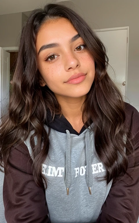 1 mexican girl, Long Wavy Hair, dark brown eyes, , hoodie, freckles