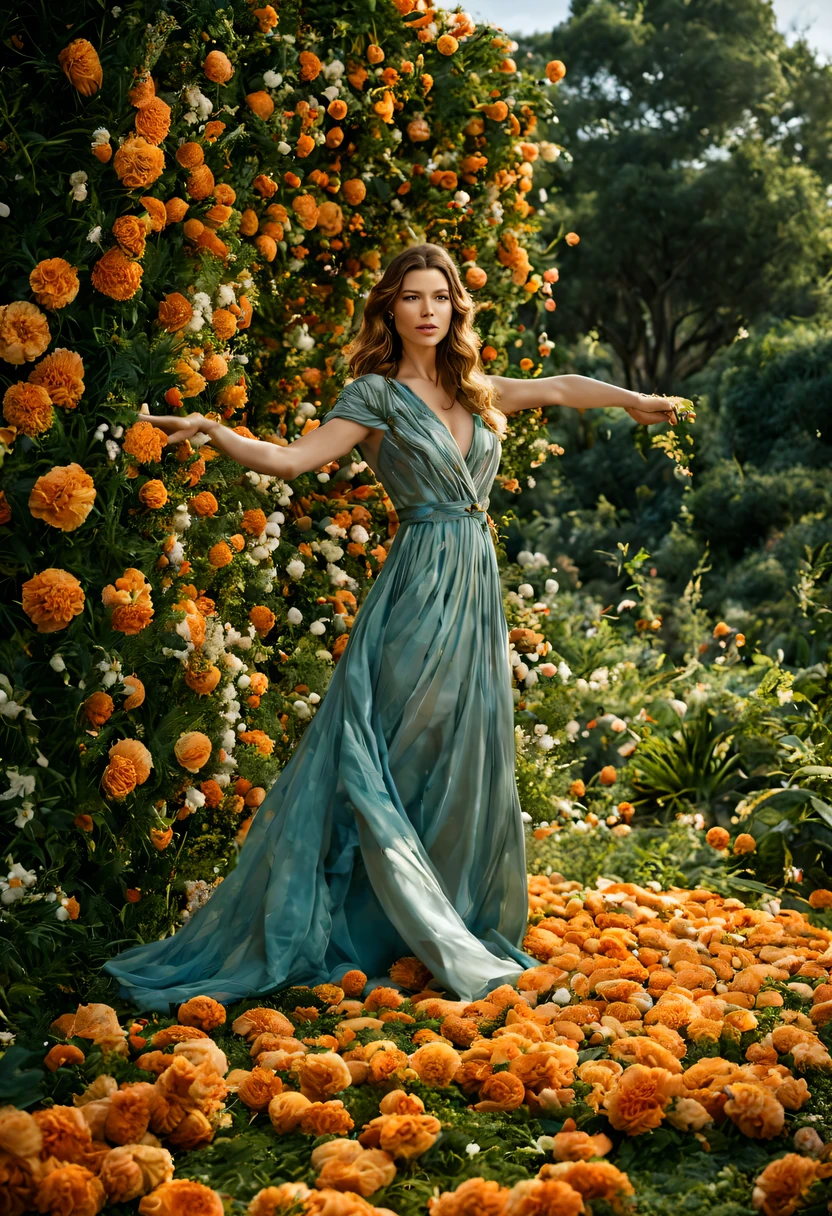 Kate Mara (sheer colorful gown half off, no underwear), she is nervously trying to cover up in a (alien rape tentacle) flower garden in full bloom on a moonlit night, timid poses,, tentacles explore