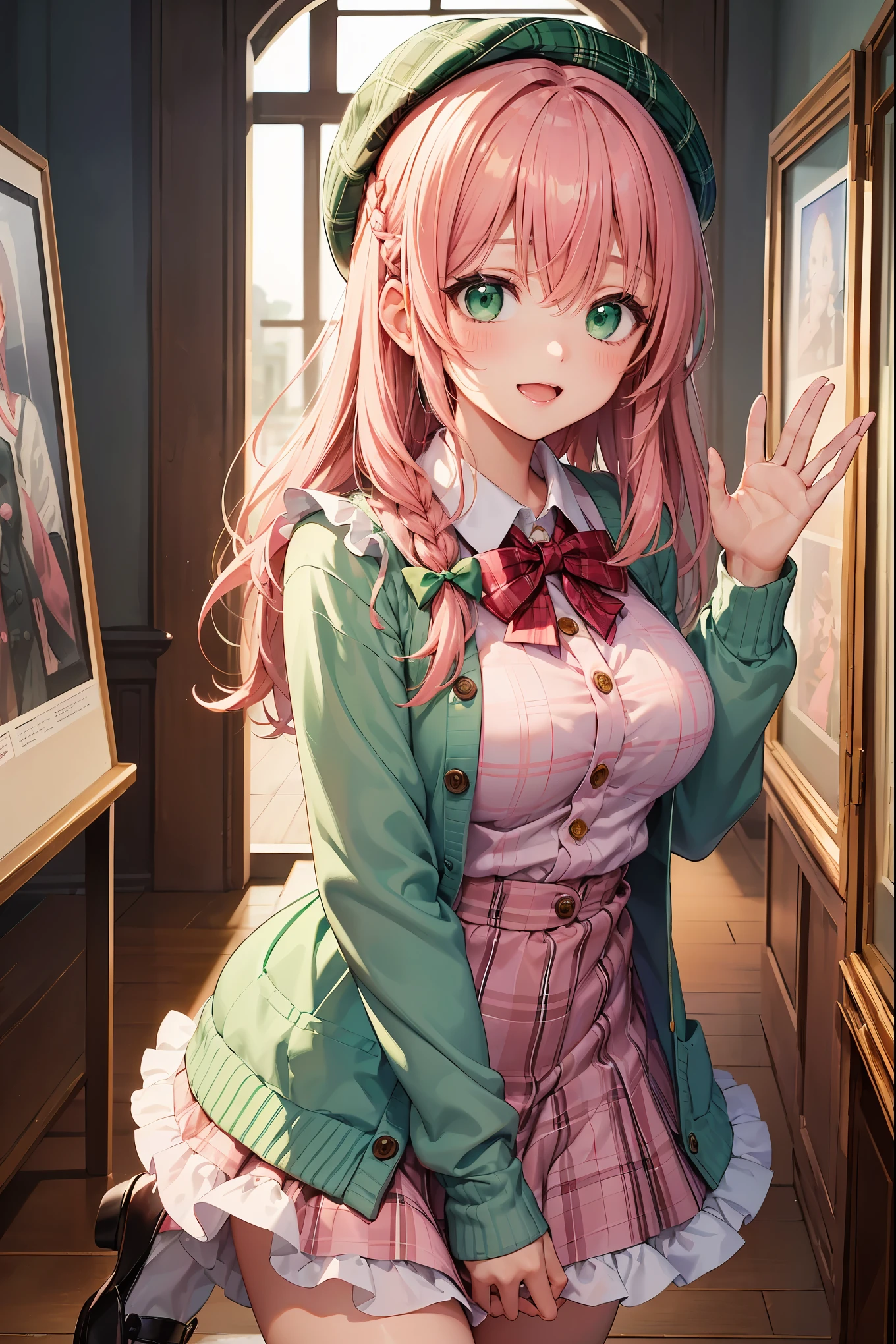 super insane detail、disorganized、ultra high resolution、super detail、highest quality、 1 girl、solo、nice hands、perfect hand-made (Vintage style beret with flower pin:1.3)、(white&pink&dark green plaid dress:1.5)、(Gold buttons on the front:1.2)、(frills、red bow tie、mint green blouse:1.4)、(peach cardigan、cable knit patterns:1.3)、(pinkタイツデニール20:1.1)、(mint green mary jane shoes:1.2) best smile、open your mouth、wave your mouth、 あざといcuteポーズ、cowboy shot、slender、Look straight ahead with shining eyes、cute、symmetrical face、超cute女の子、超cute顔、Ultra-fine eyes、super cute hair、超cute、Super beautiful、 stylish clothing design、Super famous world heritage museum、exhibition hall、Historic ancient museum、 big breasts、Soft and jiggling breasts、BREAK (medium hair、Braid、silky smooth hair、dark green eyes)、hair between eyes、hair raising pose、Nape of neck