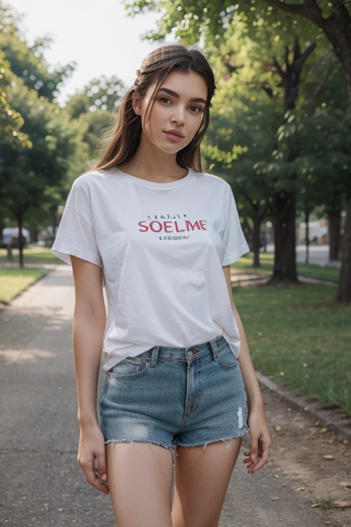 a woman modeling a white t-shirt, in a park, image for use as a mockup,illustration, detailed facial features, soft natural lighting, high-resolution, vibrant colors, realistic rendering, stunning, bokeh, outdoor setting, beautiful model, casual pose, green surroundings, summer vibes, trendy fashion, sunlight streaming through trees, perfect fit, confident expression, summer fashion, professional photography, visual representation, elegant simplicity, fashionable style, fashion blogger, mockup design, product display, showcasing apparel, photo-realistic, high-quality mockup, showcase the t-shirt design, perfect for advertising, marketing materials.