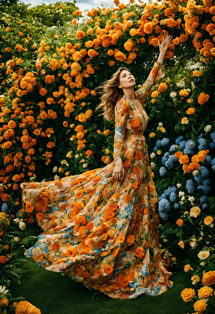 Em um jardim perfumado, The blind woman (Jessica Biel), (22 anos), com um vestido longo Laranja claro com detalhes em flores, is standing with her arms outstretched, gently touching the petals of the flowers he finds, conectando-se com a natureza e as doces flores azuis.