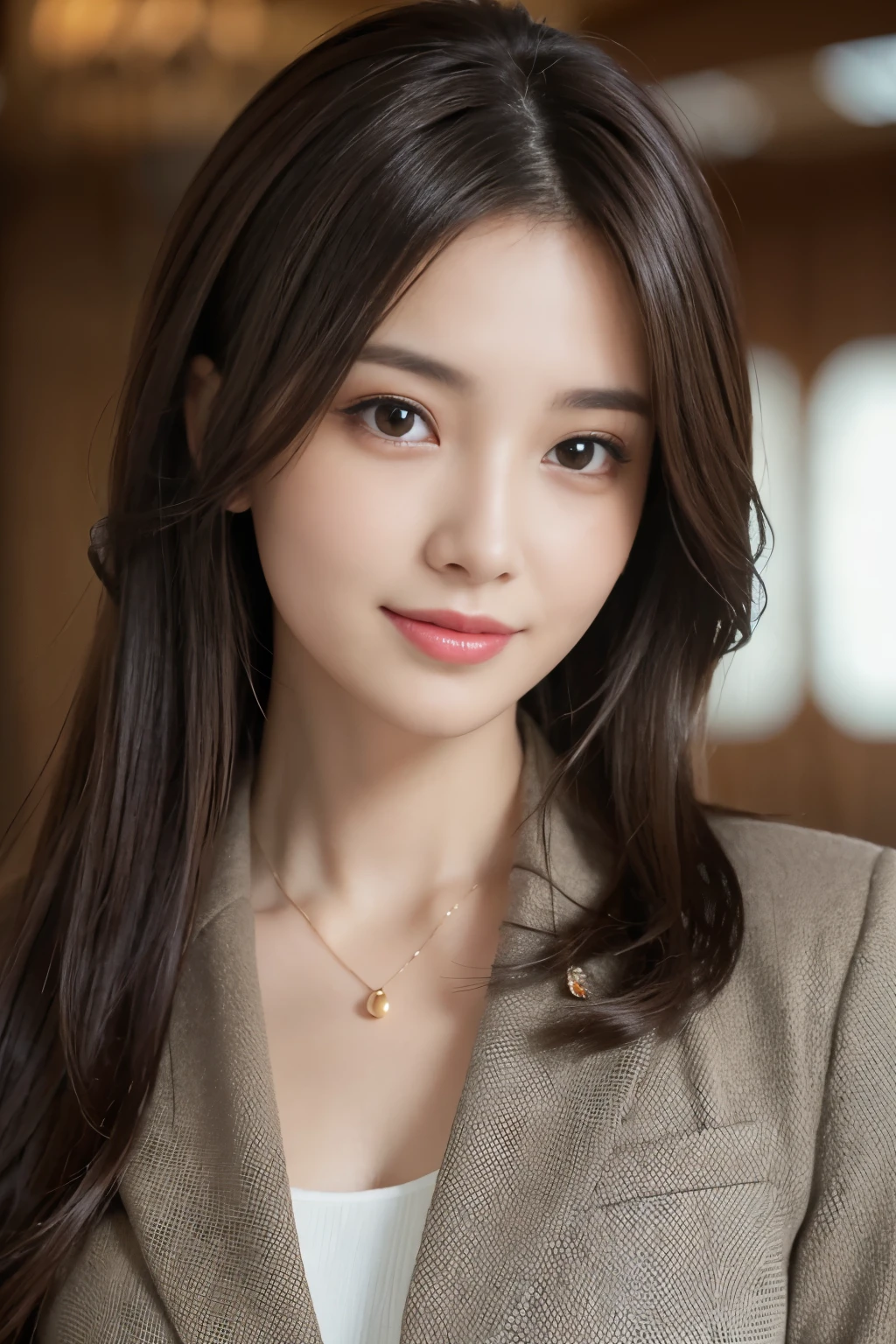 table top、highest quality、real、Super detailed、finely、High resolution、8k wallpaper、one beautiful woman、、、light brown disheveled hair、wearing a business suit、sharp focus、perfect dynamic composition、beautiful detailed eyes、thin hair、詳細なrealな肌の質感、smile、close up portrait、model body shape