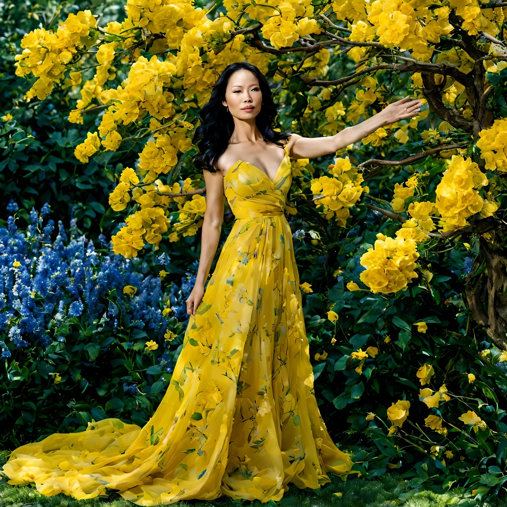 Em um jardim perfumado, The blind woman (Lucy Liu), (28 anos), com um vestido longo Amarelo claro com detalhes em vinho, is standing with her arms outstretched, gently touching the petals of the flowers he finds, conectando-se com a natureza e as doces flores azuis.