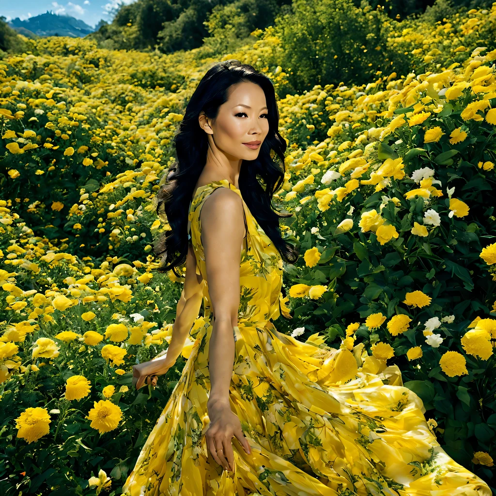 Em um jardim perfumado, The blind woman (Lucy Liu), (28 anos), com um vestido longo Amarelo claro com detalhes em vinho, is standing with her arms outstretched, gently touching the petals of the flowers he finds, conectando-se com a natureza e as doces flores azuis.