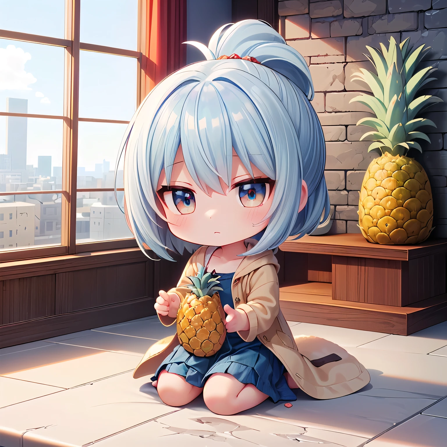 ((Chibi, miniature, REAL, pineapple, 3DCG, Nendoroid, 1 girl: 1.3)) ,(Masterpiece, almond-shaped eyes, glossy white-blue hair, short chignon hair, top quality, carefully drawn fingertips, beautiful anatomy : 1.4), (half body: 1.3), (Red cheeks, indifference, no expression, hair blowing in the wind: 1.2), (Slim and warm clothes, warm denim coat,warm drape long skirt,room slipper,Fluffy one piece,Celebrity Lifestyle: 1.2), (pineapple building,bed,stone wall,Window,stone floor:1.3) 