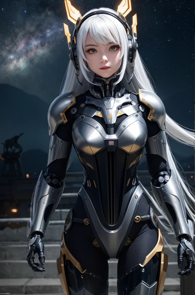 masterpiece,best quality,ultra-detailed,very detailed illustrations,extremely detailed,intricate details,highres,super complex details,extremely detailed 8k cg wallpaper,cowboy shot, caustics,reflection,ray tracing,demontheme,nebula,dark aura,cyber effect, (1girl:1.4),solo,alone,mecha musume,mechanical parts, robot joints,single mechanical arm, headgear, mechanical halo,star halo,intricate mechanical bodysuit, mecha corset, kimono, full armor, very long hair,white hair, hair between eyes, multicolored hair, colored inner hair, red eyes,glowing eye,eye trail, random expressions,random action, ancient japanese architecture,pond, starry sky,skyline,