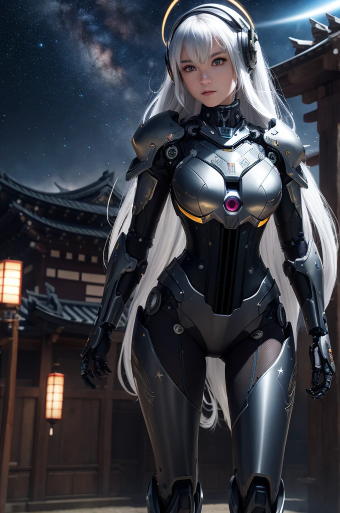 masterpiece,best quality,ultra-detailed,very detailed illustrations,extremely detailed,intricate details,highres,super complex details,extremely detailed 8k cg wallpaper,cowboy shot, caustics,reflection,ray tracing,demontheme,nebula,dark aura,cyber effect, (1girl:1.4),solo,alone,mecha musume,mechanical parts, robot joints,single mechanical arm, headgear, mechanical halo,star halo,intricate mechanical bodysuit, mecha corset, kimono, full armor, very long hair,white hair, hair between eyes, multicolored hair, colored inner hair, red eyes,glowing eye,eye trail, random expressions,random action, ancient japanese architecture,pond, starry sky,skyline,