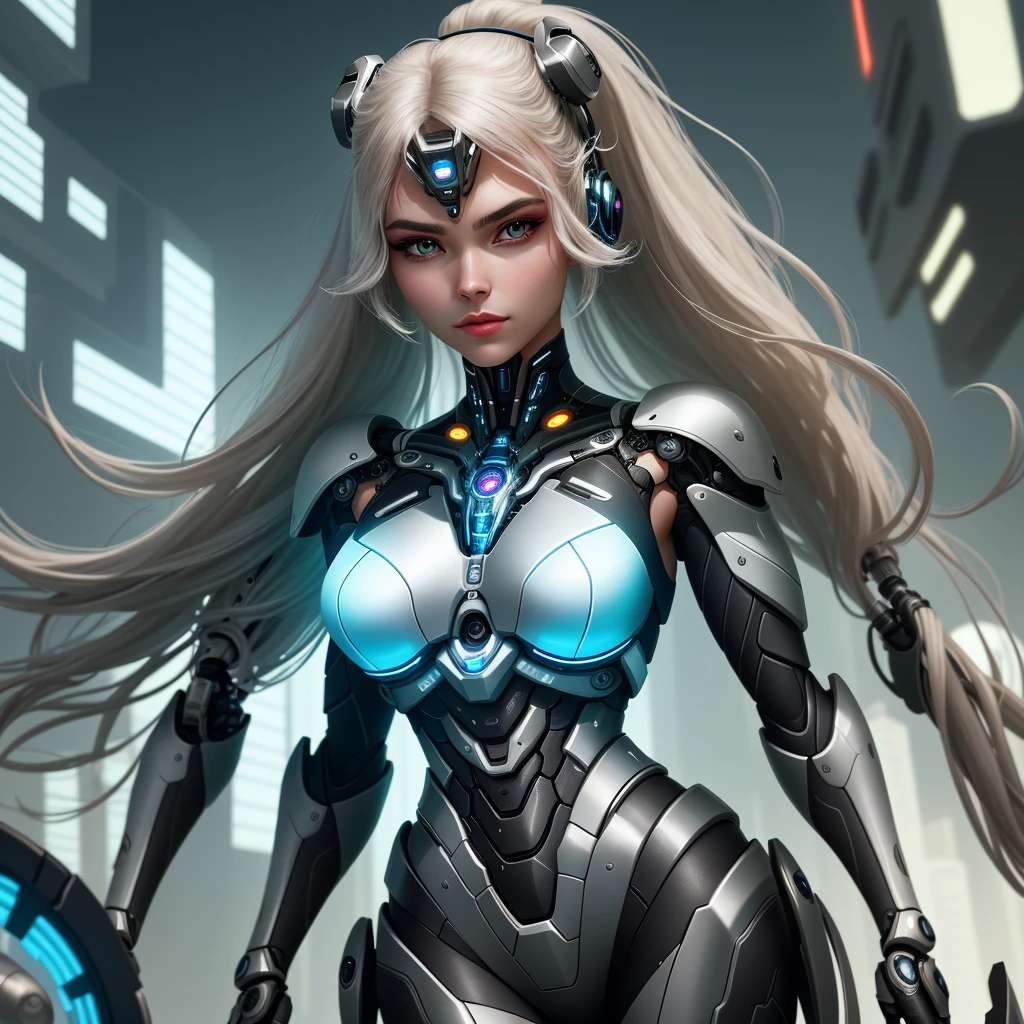 In a futuristic world where technology and biology merge, a stunning-looking and realistic cyborg stands out. With her polished metallic skin, biomechanical adornments and bright eyes, she embodies the harmony between human nature and technological ingenuity. The image captures her captivating expression, combining the strength of a cybernetic being with the elegance of a female figure. In the background, futuristic cityscapes echo its modern and dynamic essence, while reflections of light and shadows enhance every meticulously crafted detail. The high definition of the image allows you to explore the cyborg with clarity, revealing the complexities of the fusion between the organic and the mechanical, and leaving you in awe of the transcendental beauty of this entity of the future.